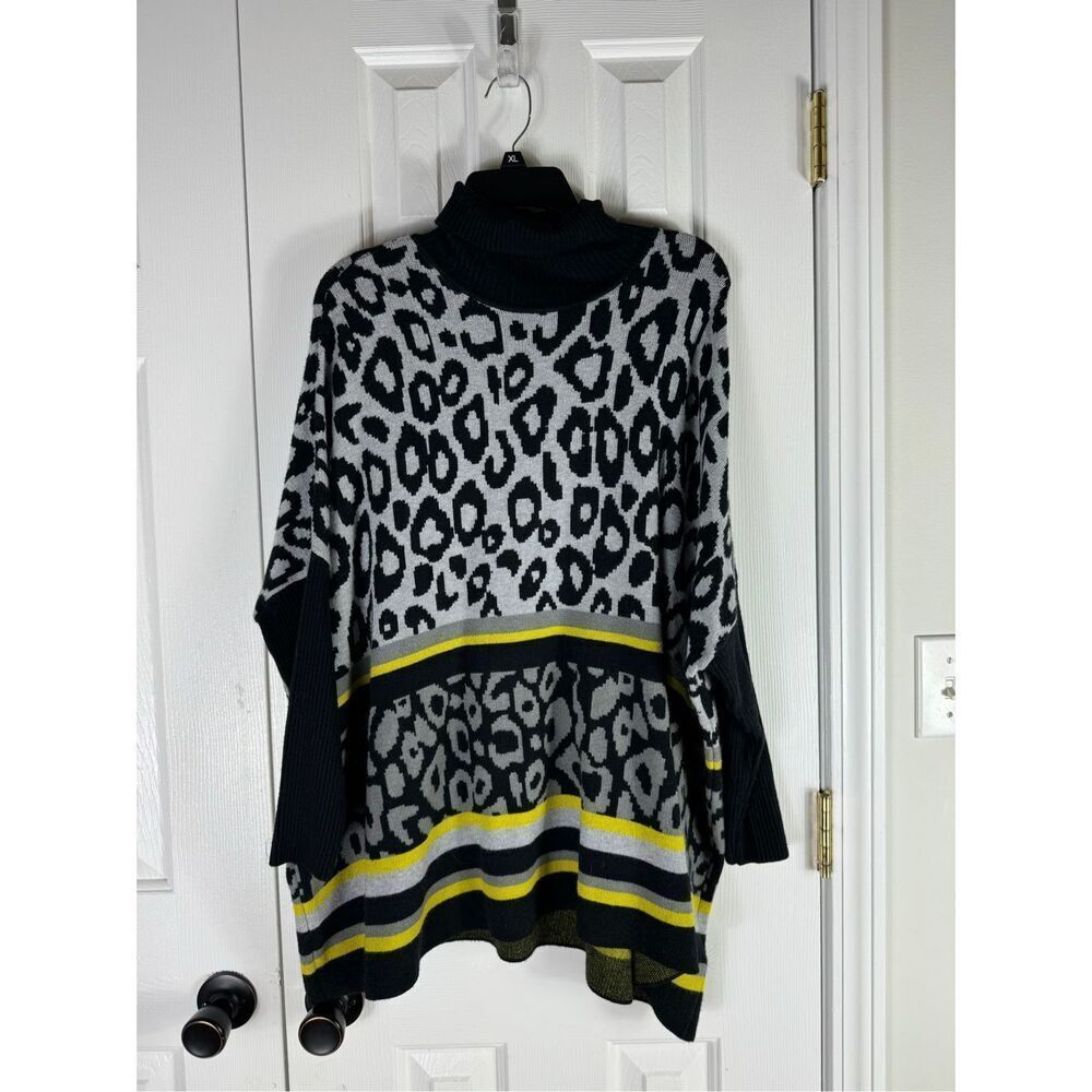 Joseph A Womens Leopard Print Turtleneck Poncho Sweater With Yellow Stripe Size
